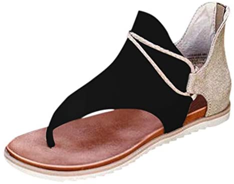 2020 Women Casual Vintage Flat T Strap Slip On Sandals with Zipper Summer Shoes for Women Comfy Flip Flops Sandals