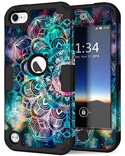 Hocase iPod Touch 7/6/5 Case, Shockproof Heavy Duty Hard Plastic Bumper+Soft Silicone Rubber Hybrid Dual Layer Protective Case for iPod Touch 7th/6th/5th Generation - Mandala in Galaxy