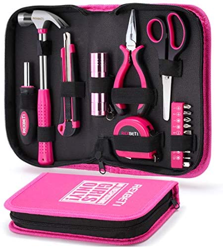 REXBETI 17-Piece Women Tool Set, Ladies Pink hand Tool Kit with Durable Carrying Pouch, Suitable for DIY, Home Maintenance