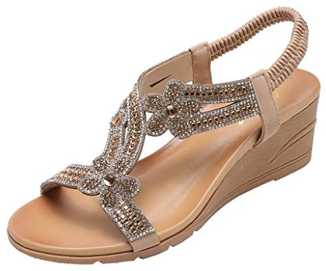 SONIGER ʕ•ᴥ•ʔWomens Roman Sandals Boho Glitter Diamond Wedges Shoes Open Toe Chunky Loop Platform Beach Slippers
